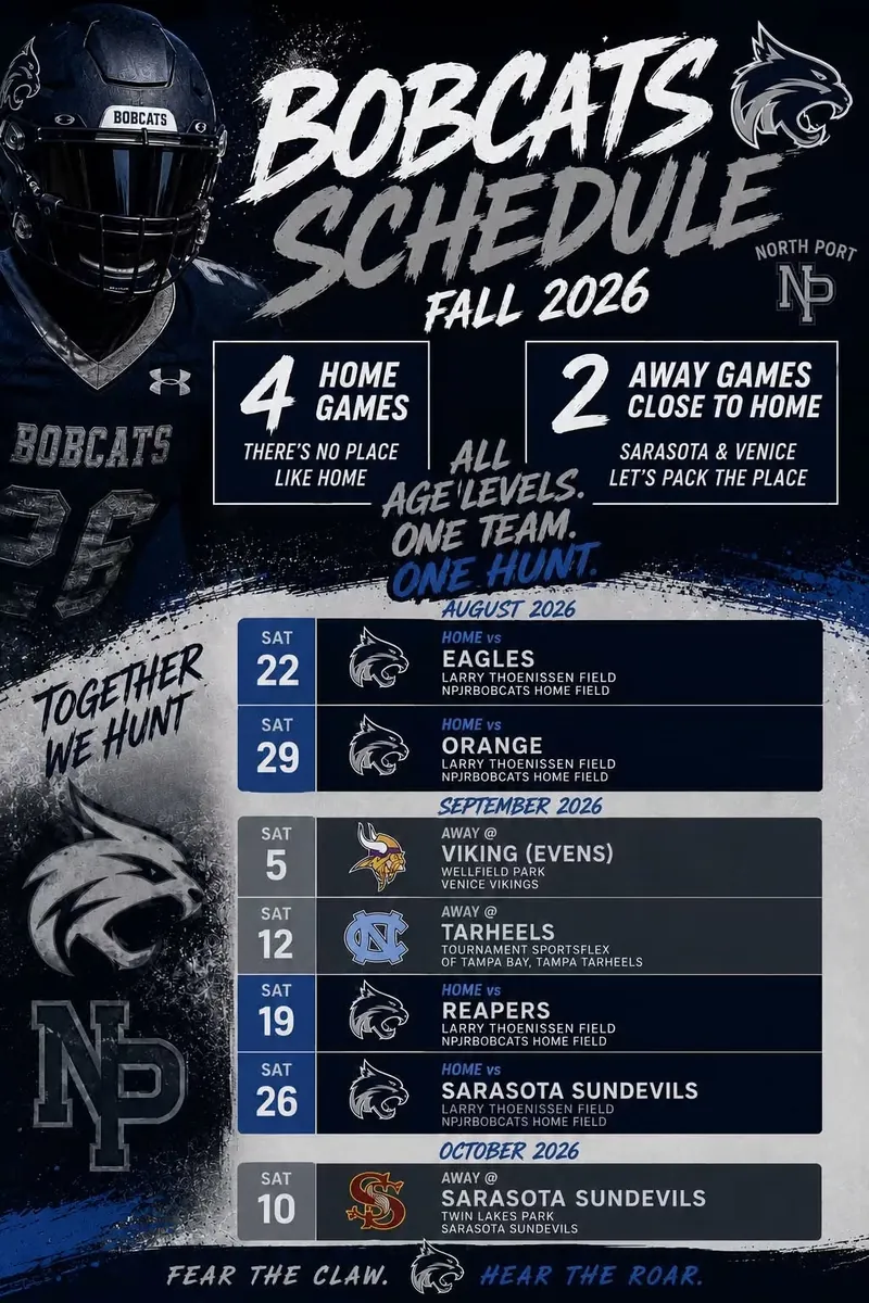 North Port Jr Bobcats Fall 2026 schedule: Aug 22 home vs Eagles, Aug 29 home vs Ocoee Cardinals, Sep 5 away at Venice Vikings (all divisions), Sep 12 away at Tampa Tarheels tournament at Sportsflex of Tampa Bay, Sep 19 home vs Reapers, Sep 26 home vs Sarasota Sundevils, Oct 10 away at Sarasota Sundevils at Twin Lakes Park.
