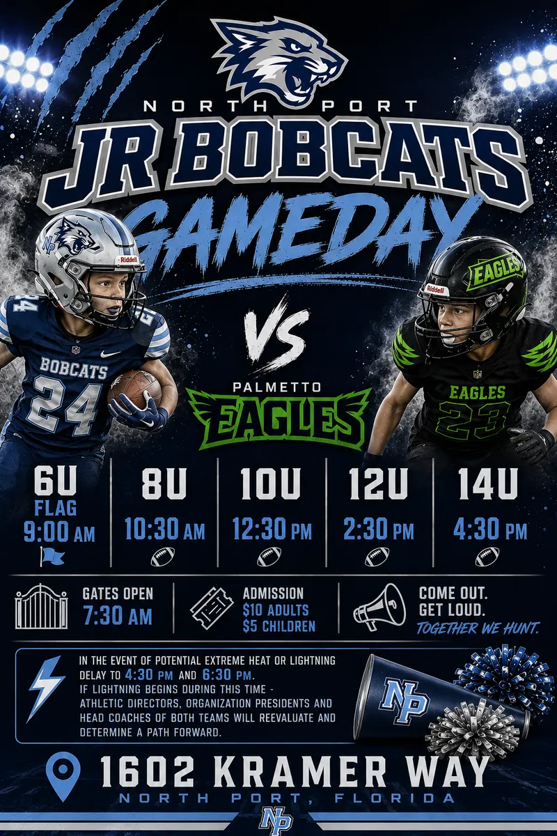 Game day flyer, Saturday August 22: North Port Jr Bobcats vs Palmetto Eagles. 6U flag 9:00 AM, 8U 10:30 AM, 10U 12:30 PM, 12U 2:30 PM, 14U 4:30 PM. Gates open 7:30 AM. Admission $10 adults, $5 children. 1602 Kramer Way, North Port, Florida.